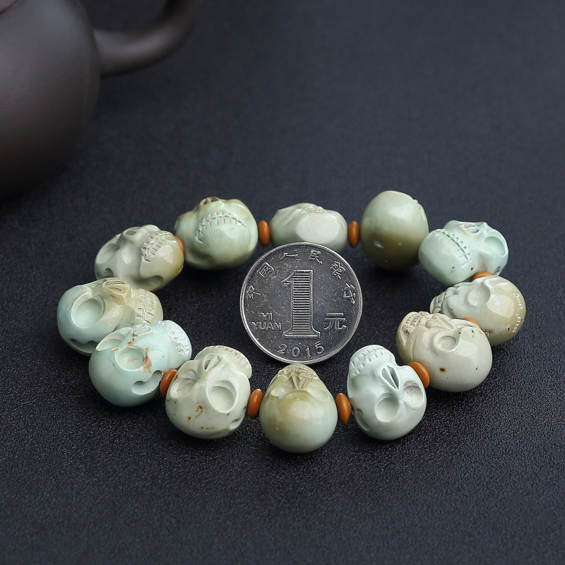 天然绿松石骷髅头单圈手串-红掌柜