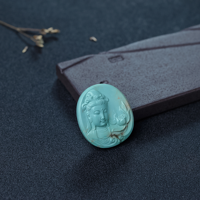 天然铁线浅蓝绿松石观音吊坠-红掌柜