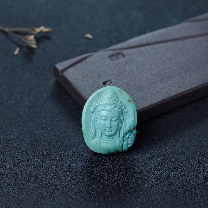 中高瓷铁线浅蓝绿松石观音吊坠-红掌柜