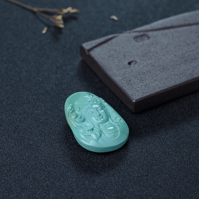 天然中高瓷铁线浅蓝绿松石吊坠-红掌柜