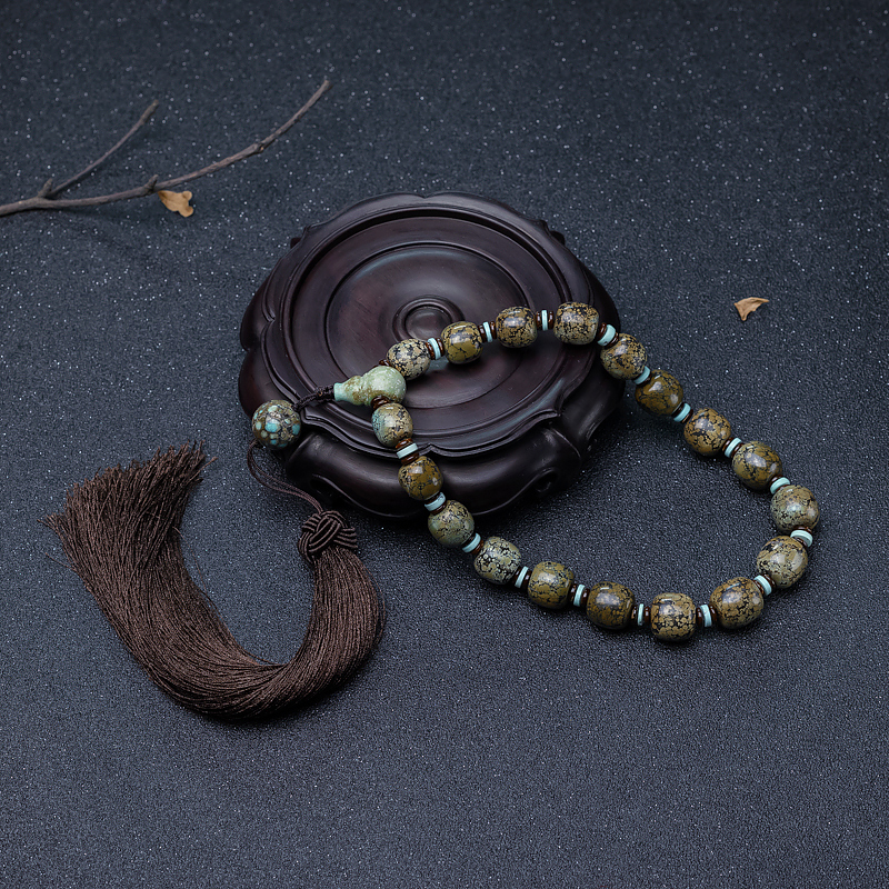 高瓷铁线乌兰花秋叶黄绿松石桶珠手持-红掌柜