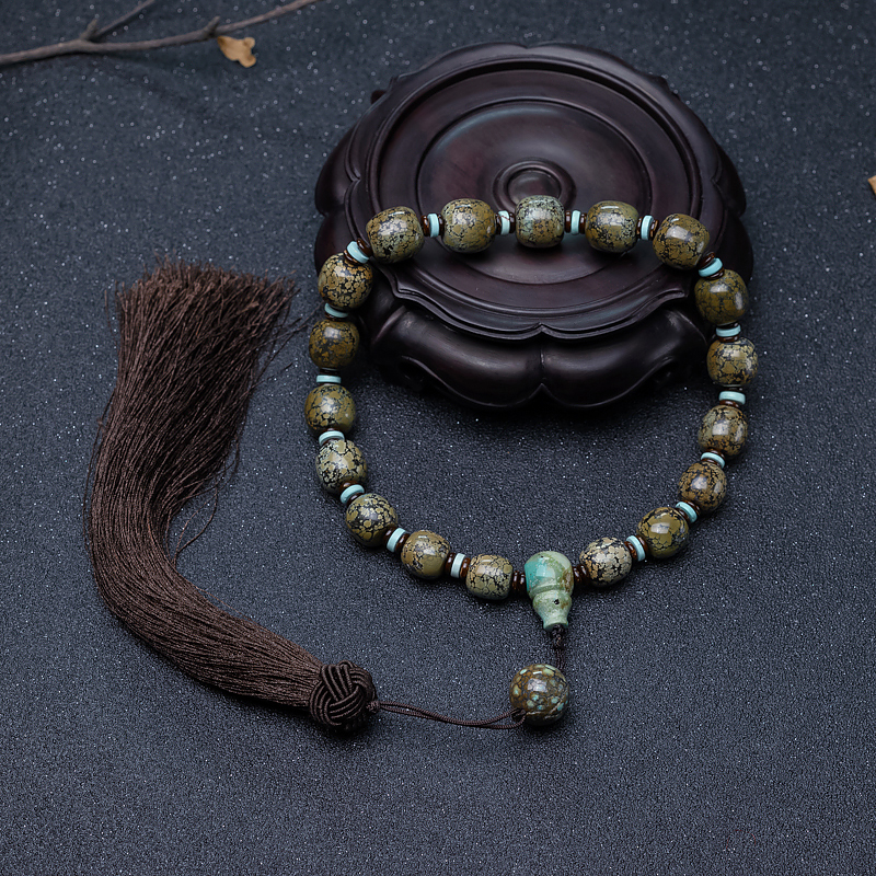 高瓷铁线秋叶黄绿松石桶珠手持-红掌柜