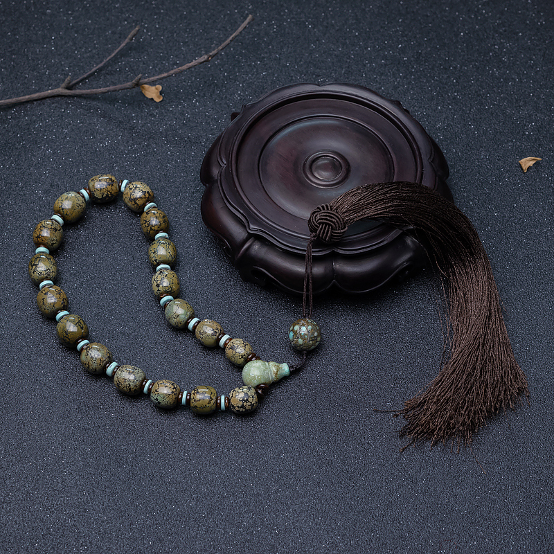 高瓷铁线乌兰花绿松石桶珠手持-红掌柜