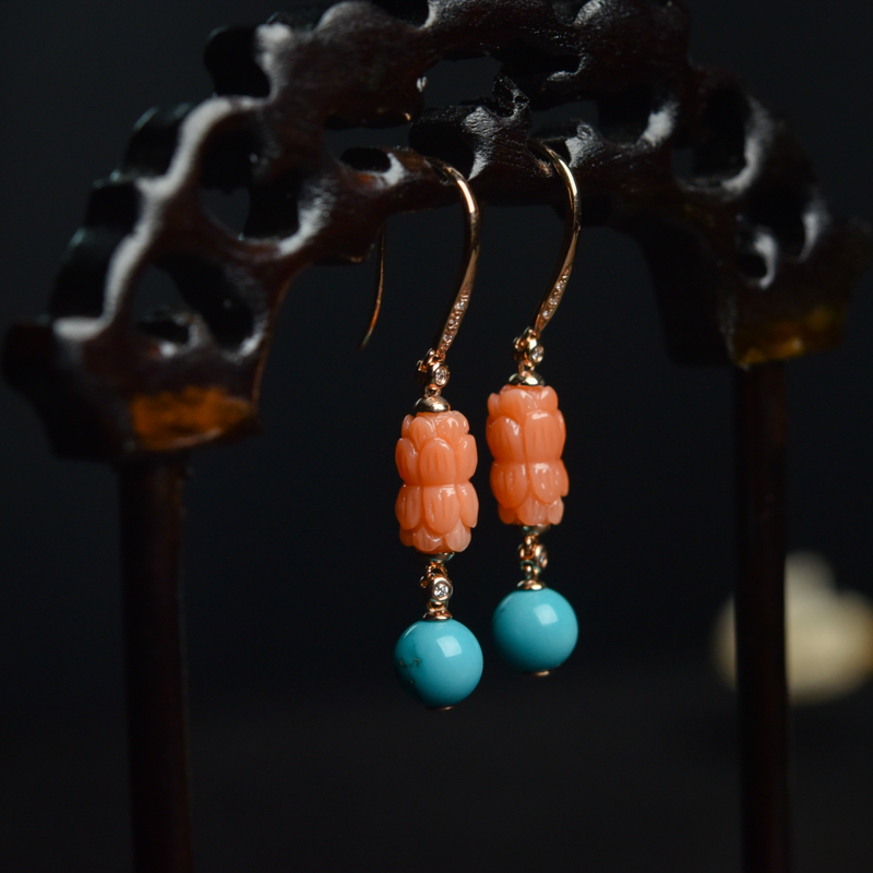 金镶高瓷铁线蓝绿松石耳坠-红掌柜