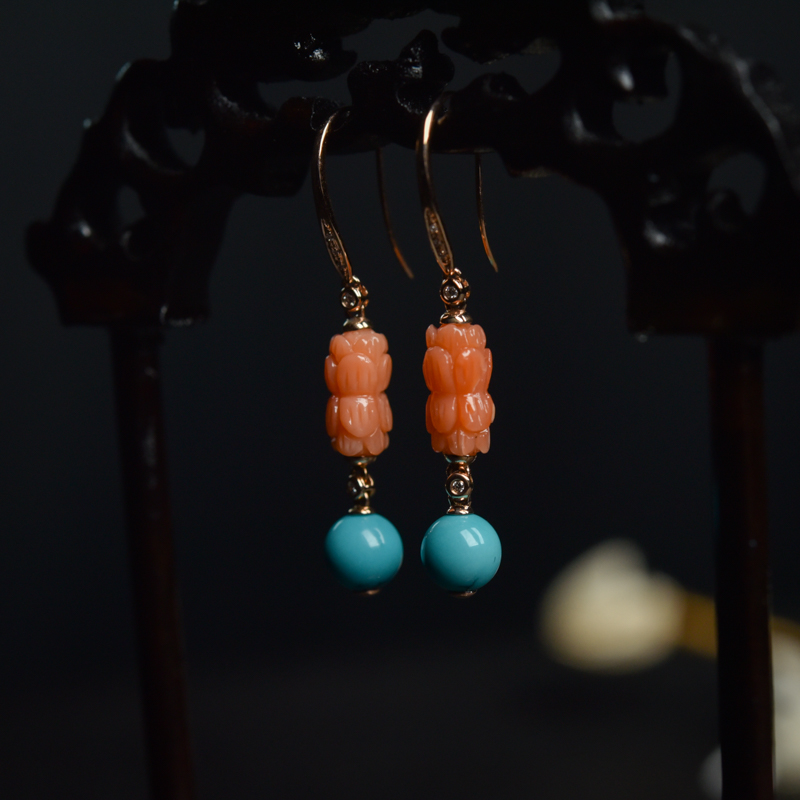 18K高瓷铁线蓝绿松石耳坠-红掌柜