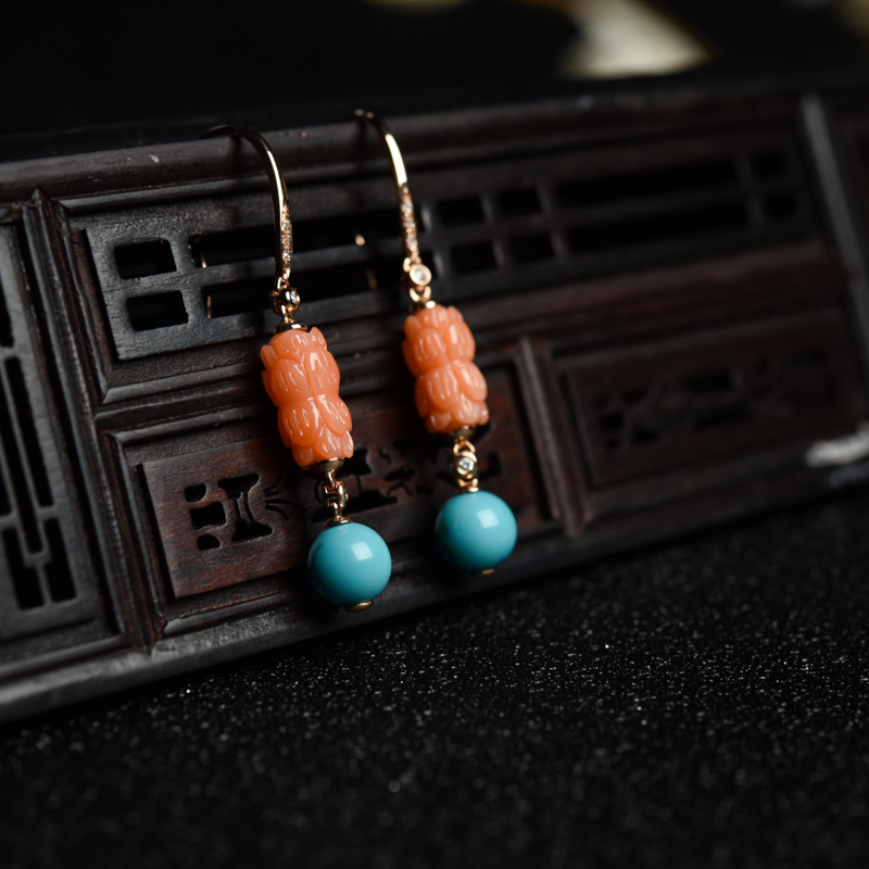 湖北高瓷铁线蓝绿松石耳坠-红掌柜