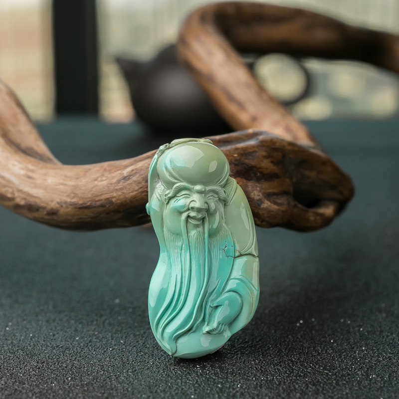 湖北天然高瓷铁线蓝绿绿松石寿星吊坠-红掌柜