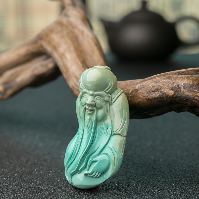 天然高瓷铁线蓝绿绿松石寿星吊坠-红掌柜