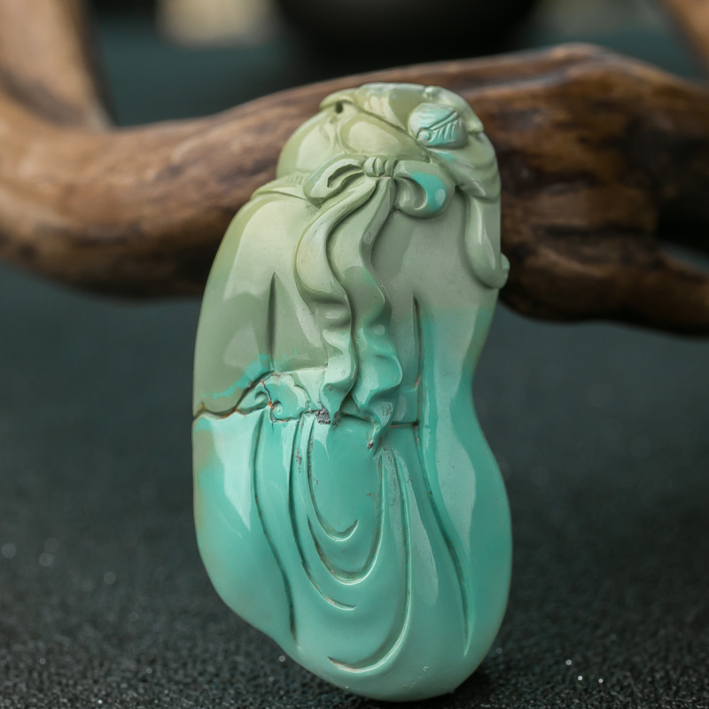 湖北天然蓝绿绿松石寿星吊坠-红掌柜