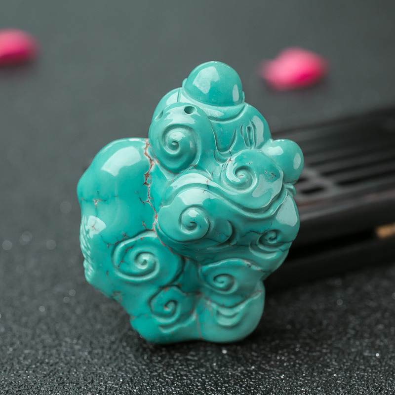 天然湖北中高瓷蓝绿松石达摩吊坠-红掌柜