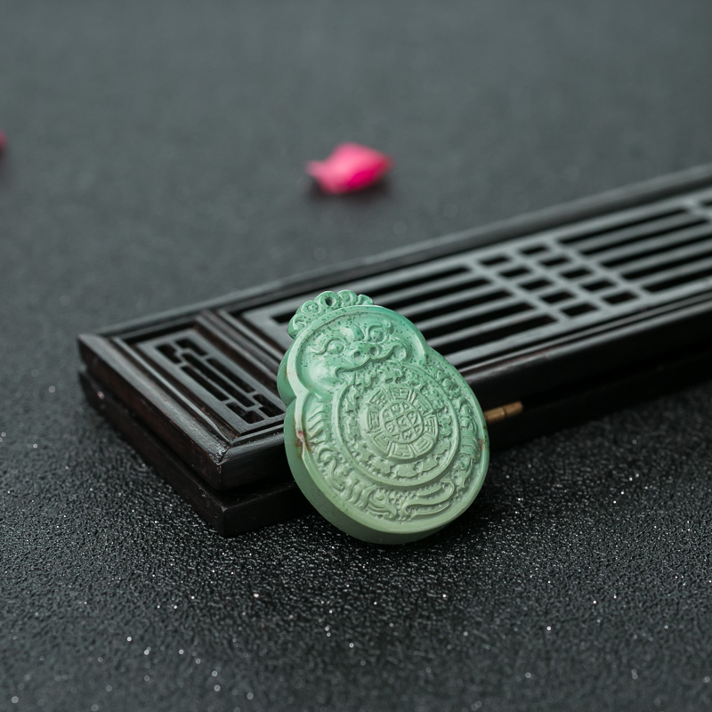 天然湖北中高瓷蓝绿松石兽面吊坠-红掌柜