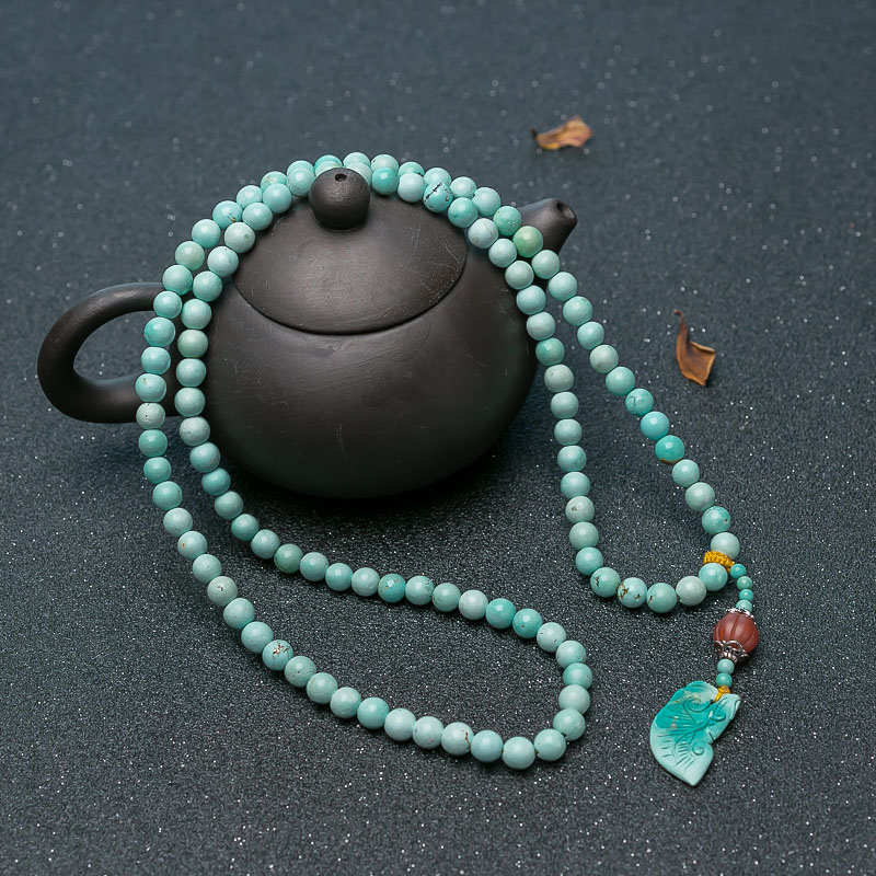 5.8mm中高瓷铁线浅蓝绿松石108佛珠-红掌柜