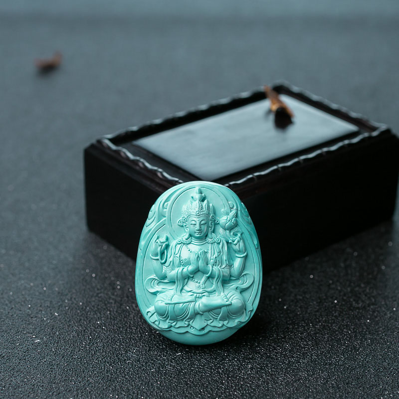 湖北天然高瓷蓝绿松石四臂观音吊坠-红掌柜