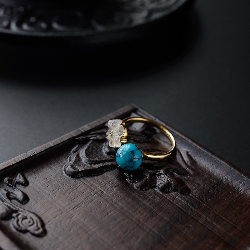 金镶天然乌兰花绿松石云追月戒指-红掌柜