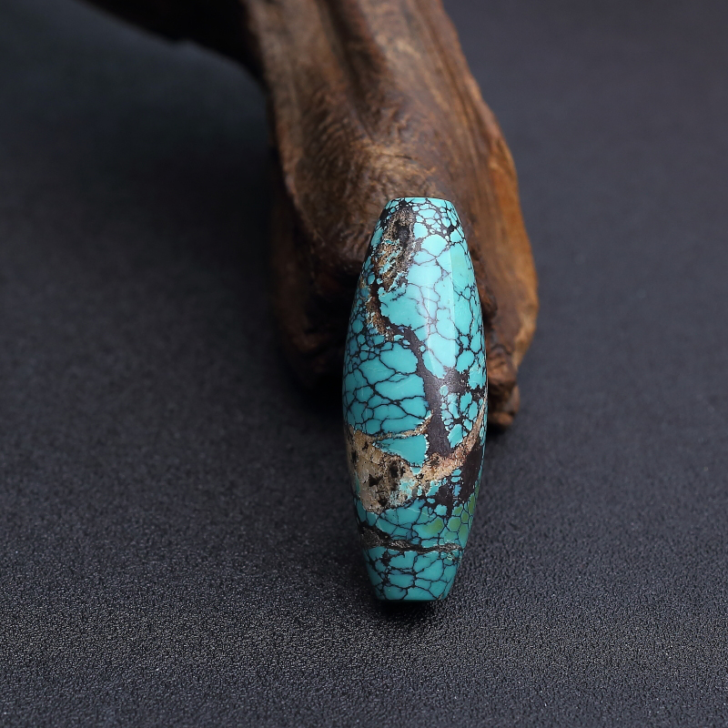 湖北天然高瓷铁线蓝绿绿松石天珠型桶珠 - 红掌柜