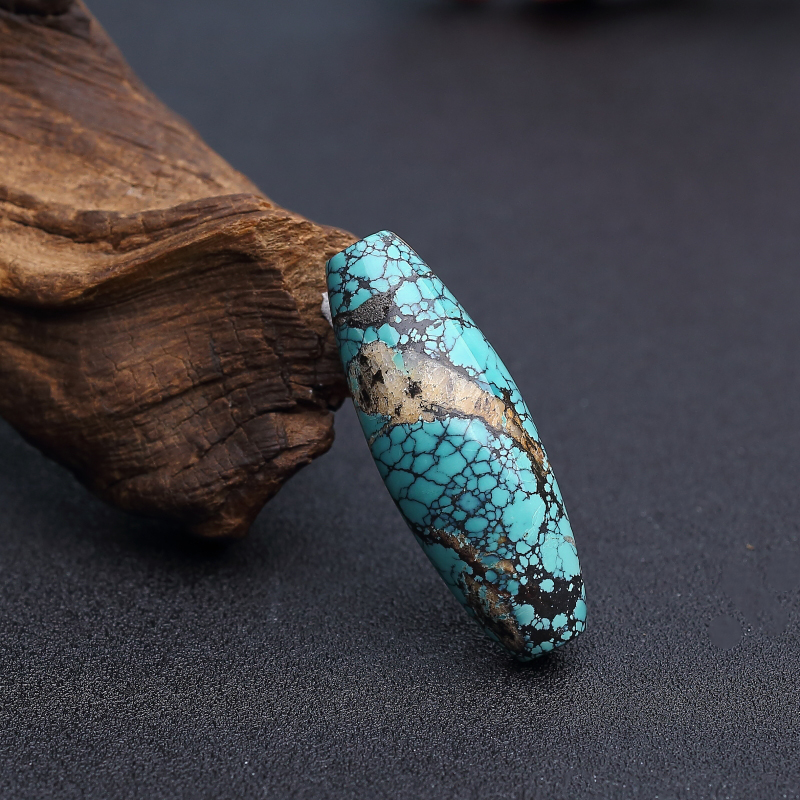 天然高瓷铁线蓝绿绿松石天珠型桶珠 - 红掌柜