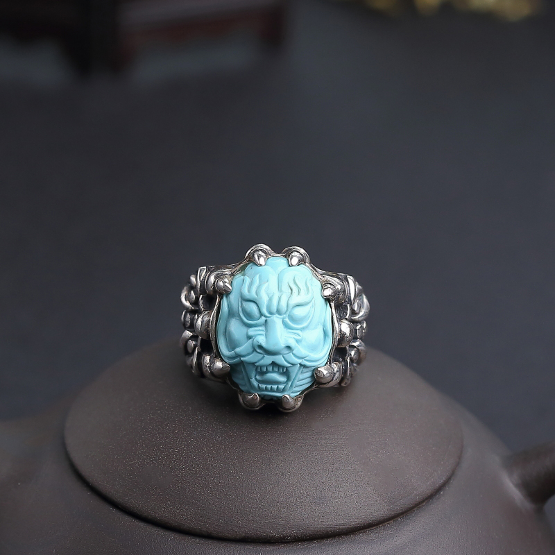 湖北天然银镶高瓷蓝绿松石龙头戒指-红掌柜
