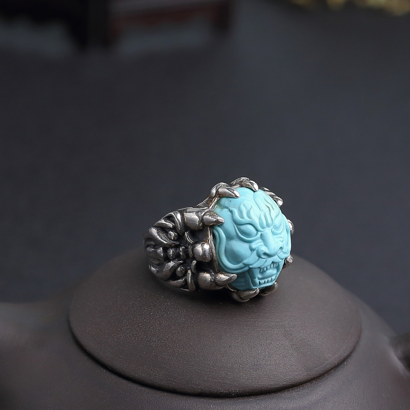 天然银镶高瓷蓝绿松石龙头戒指-红掌柜