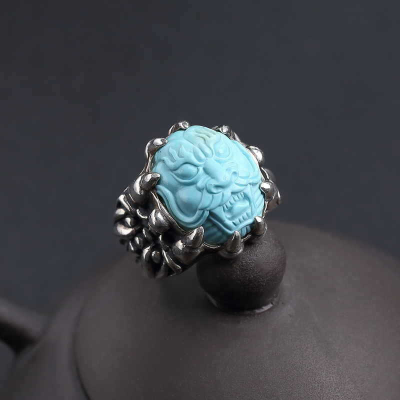 湖北天然银镶蓝绿松石龙头戒指-红掌柜