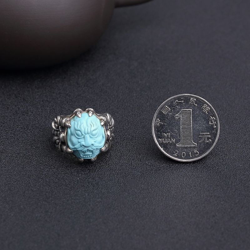 银镶高瓷蓝绿松石龙头戒指-红掌柜