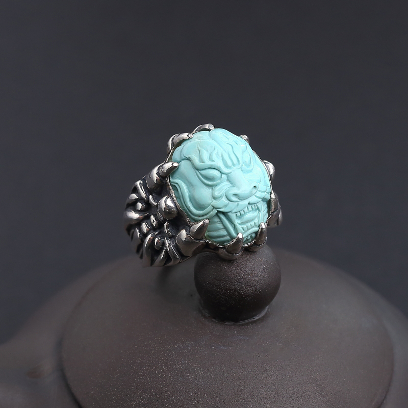 湖北天然银镶绿松石龙头戒指-红掌柜