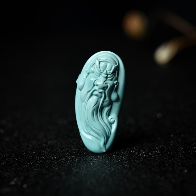 高瓷浅蓝绿松石关公吊坠-红掌柜