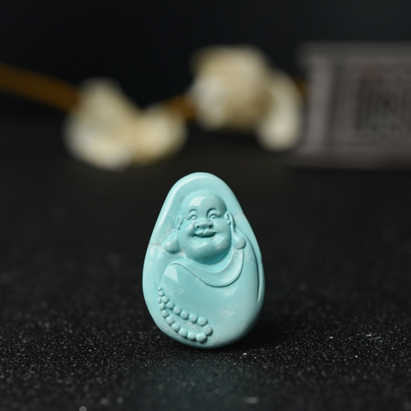天然中高瓷铁线浅蓝绿松石佛吊坠-红掌柜