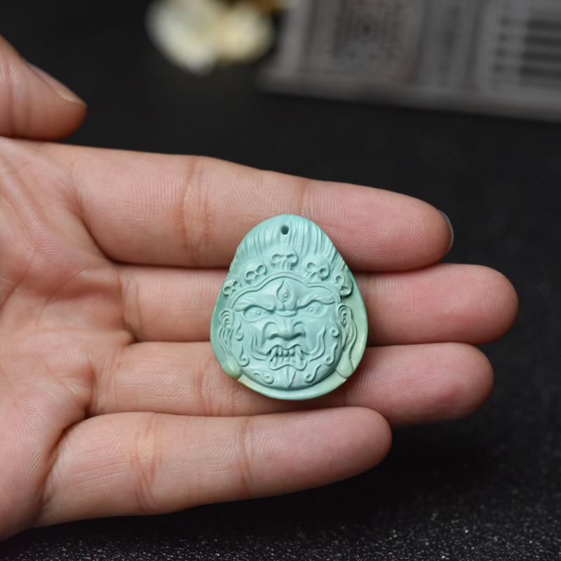 天然蓝绿绿松石大黑天吊坠-红掌柜