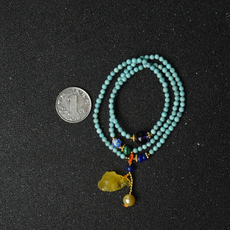 4mm中高瓷铁线蓝绿松石多圈手串-红掌柜