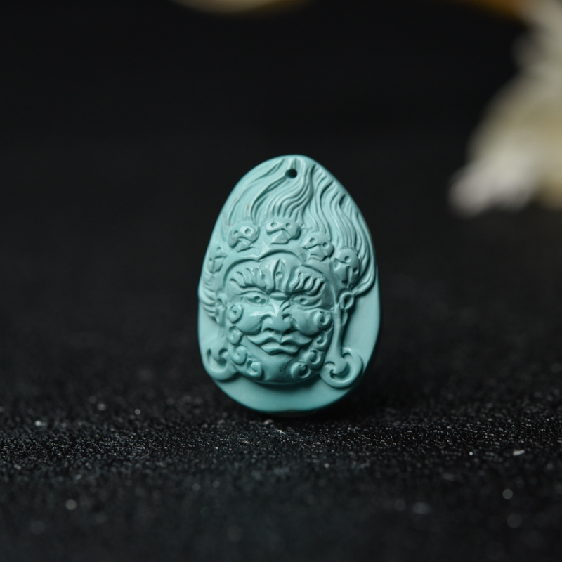 高瓷铁线蓝绿绿松石大黑天吊坠-红掌柜