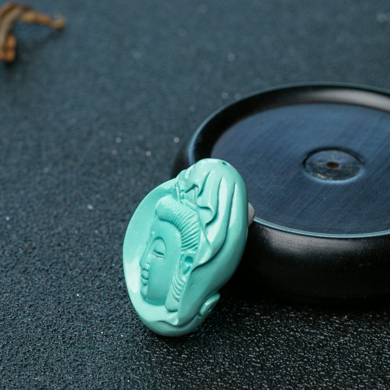 天然高瓷蓝绿松石观音吊坠-红掌柜