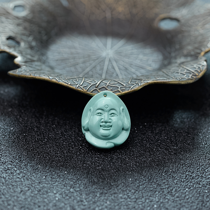 湖北天然高瓷铁线蓝绿绿松石佛头吊坠-红掌柜