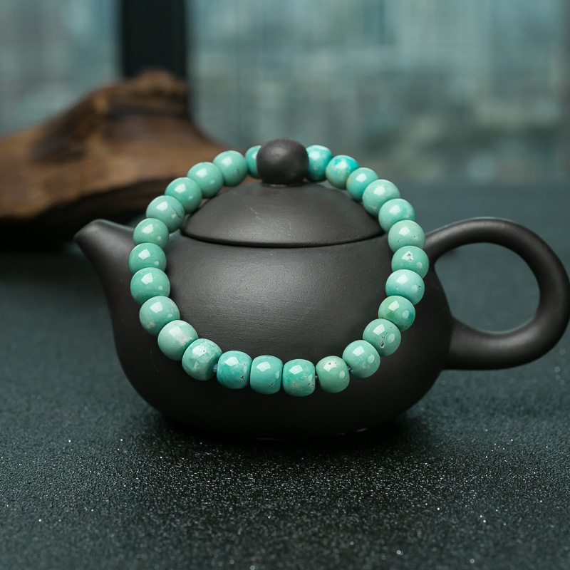 高瓷铁线蓝绿绿松石桶珠单圈手串-红掌柜