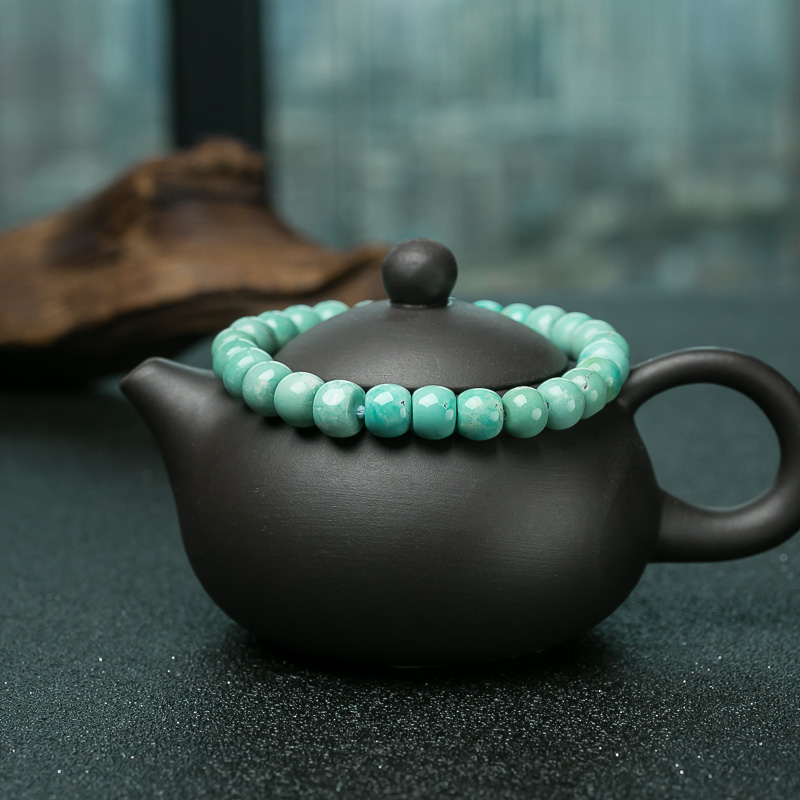 高瓷铁线蓝绿绿松石桶珠手串-红掌柜