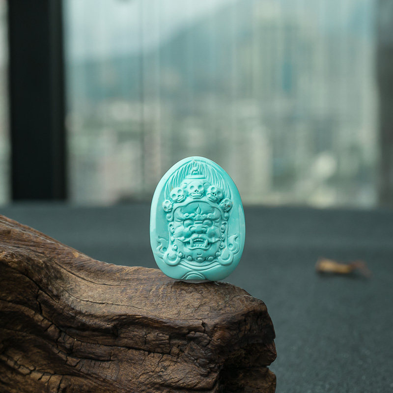 高瓷铁线蓝绿绿松石大黑天吊坠-红掌柜