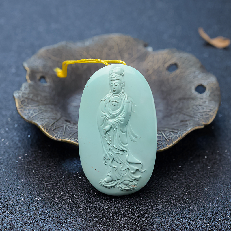 湖北天然高瓷浅蓝绿松石观音吊坠-红掌柜