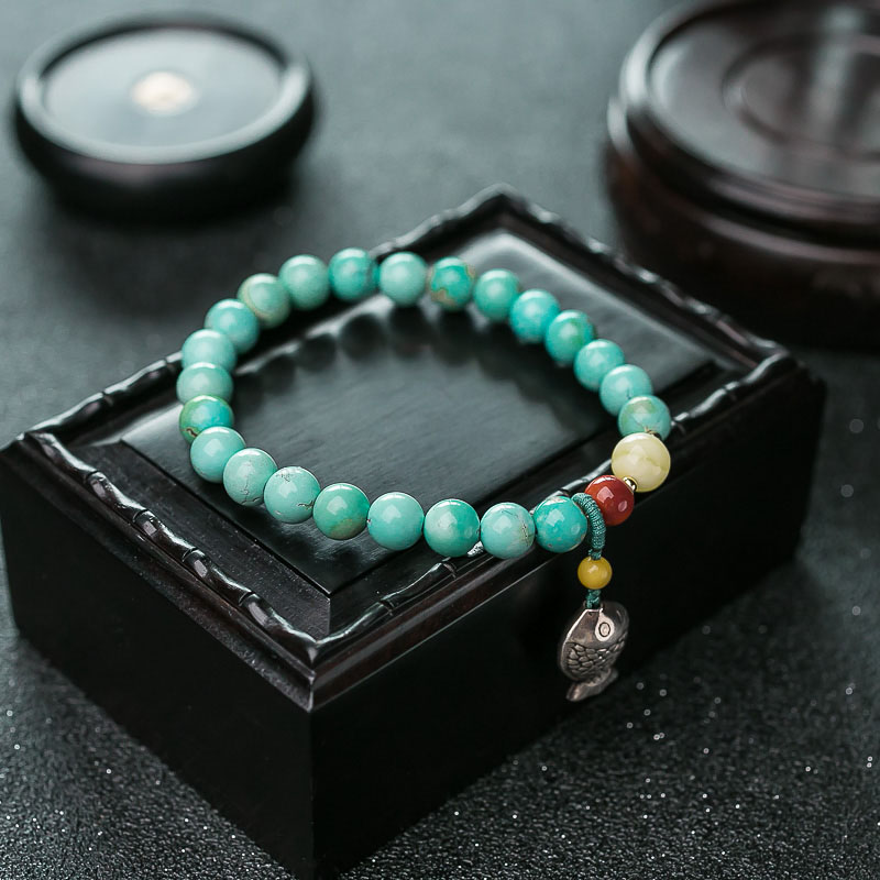 湖北天然中高瓷蓝绿绿松石单圈手串-红掌柜