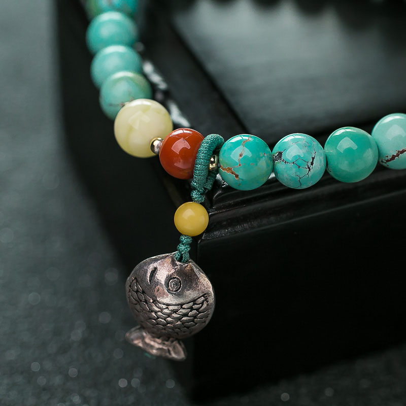 天然中高瓷铁线蓝绿绿松石单圈手串-红掌柜