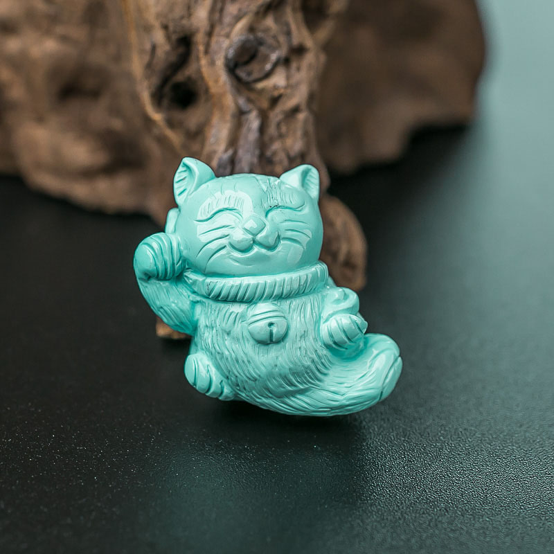 湖北天然中高瓷浅蓝绿松石招财猫吊坠-红掌柜