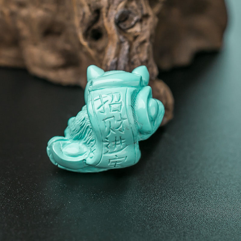 湖北天然浅蓝绿松石招财猫吊坠-红掌柜