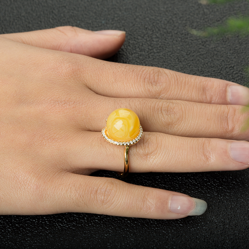 天然波罗的海白花蜜圆珠戒指-红掌柜