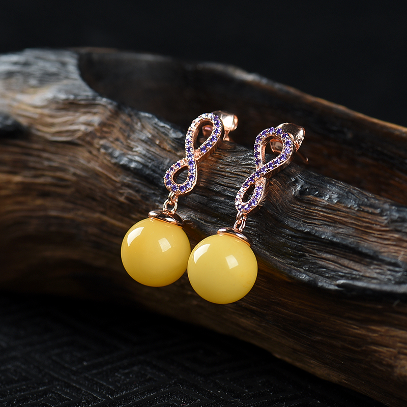 天然鸡油黄蜜蜡耳钉-红掌柜