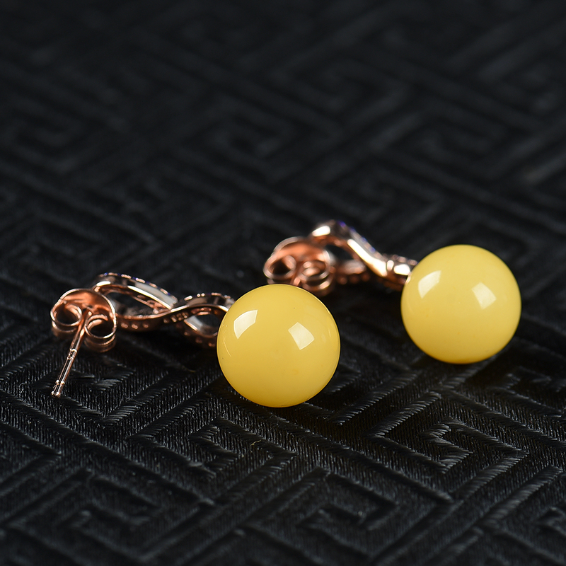 波罗的海鸡油黄蜜蜡圆珠耳钉-红掌柜