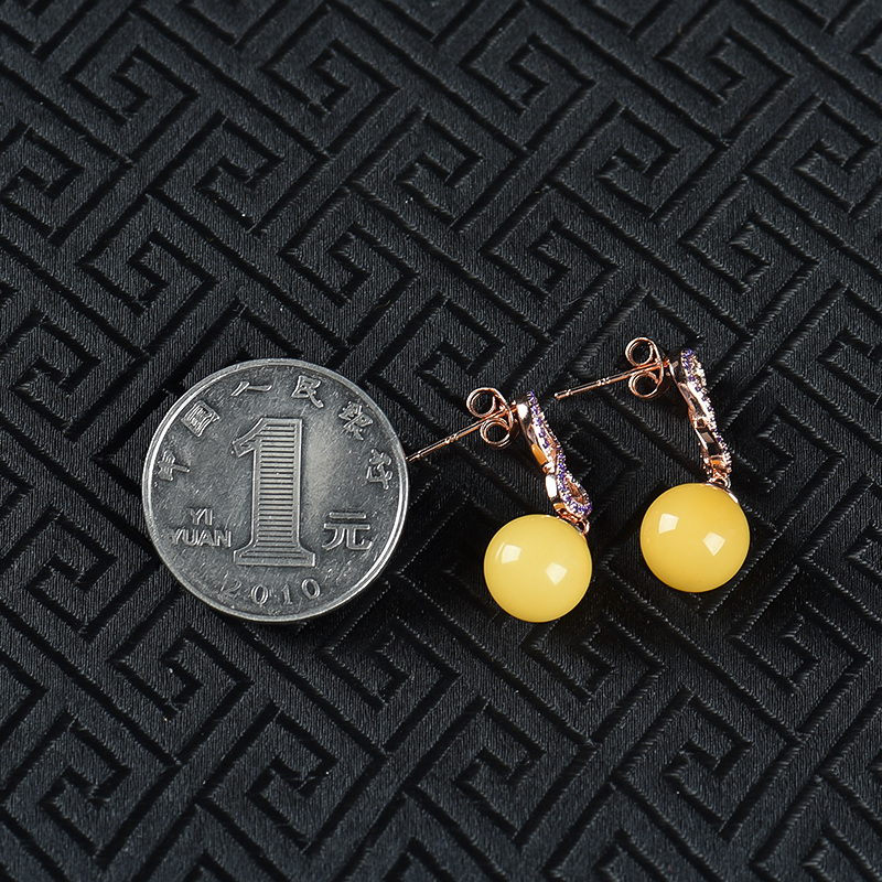 银镶鸡油黄蜜蜡圆珠耳钉-红掌柜