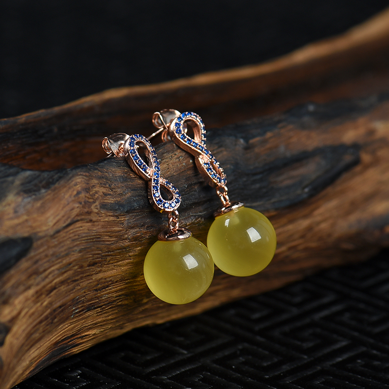 银镶鸡油黄蜜蜡耳钉-红掌柜