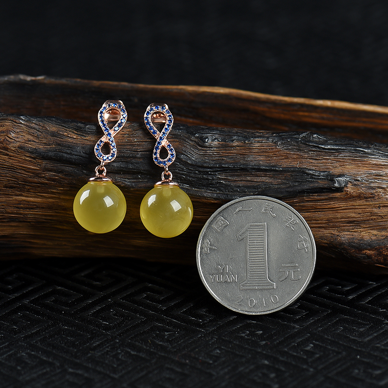 银镶鸡油黄蜜蜡圆珠耳钉-红掌柜