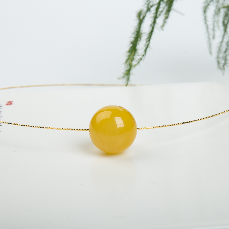 18.2mm鸡油黄蜜蜡圆珠项链-红掌柜