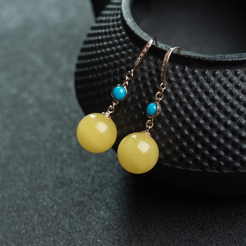 鸡油黄蜜蜡圆珠耳坠-红掌柜