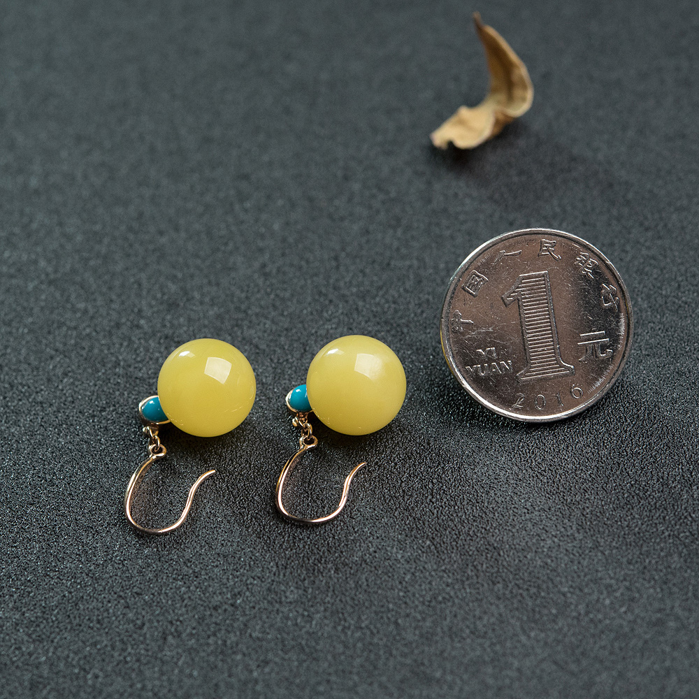 蜜蜡圆珠耳坠-红掌柜