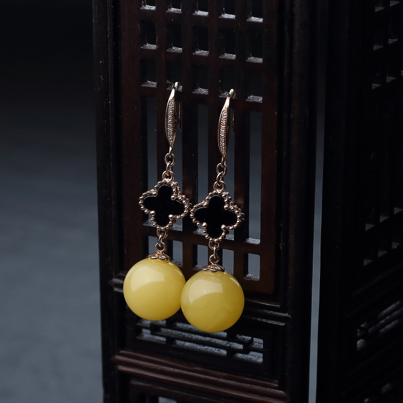 金镶鸡油黄蜜蜡圆珠耳坠-红掌柜